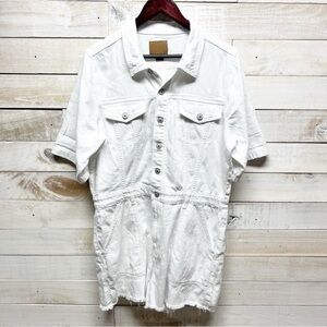 American Eagle Denim Short Sleeve Romper Womens XL White Button Up Raw Hem‎